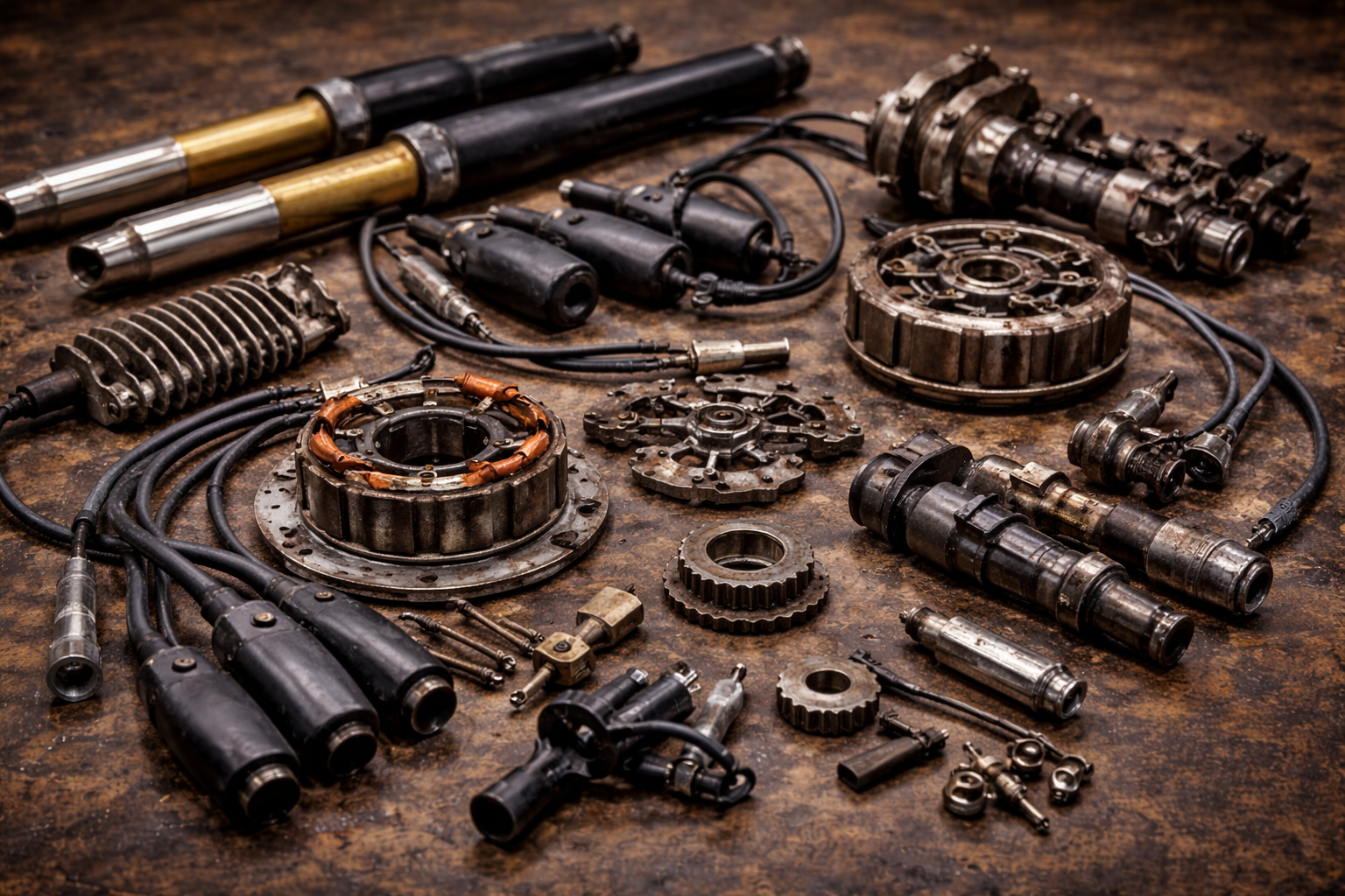 Motorcycle parts on a workbench