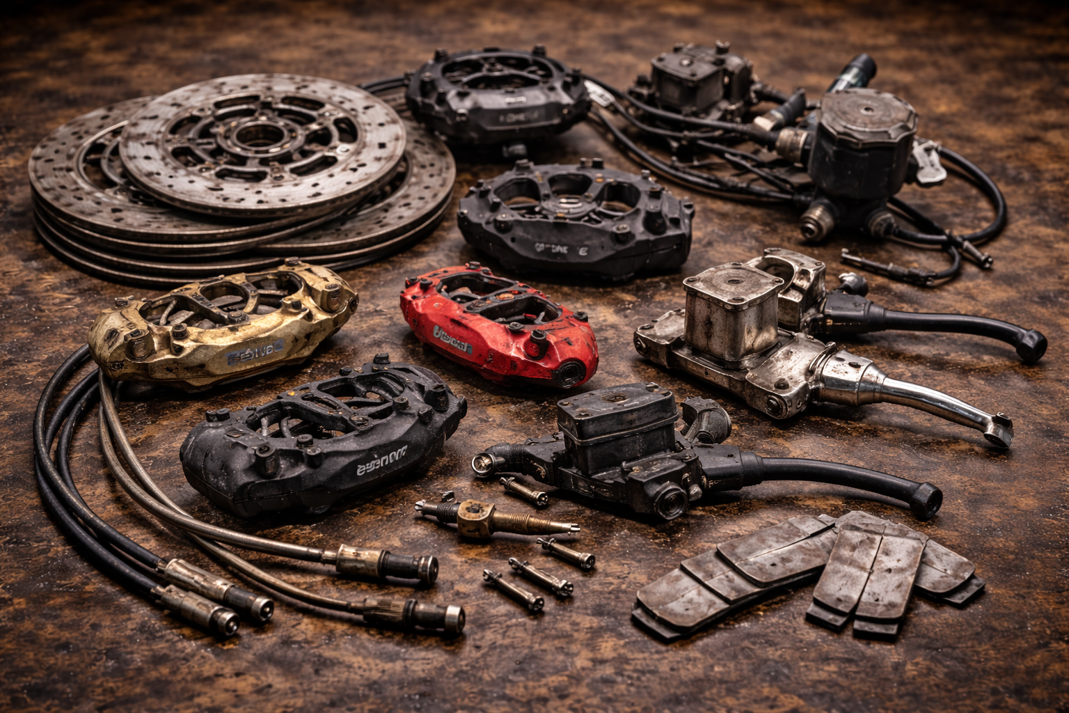 Used motorcycle brake components on workbench